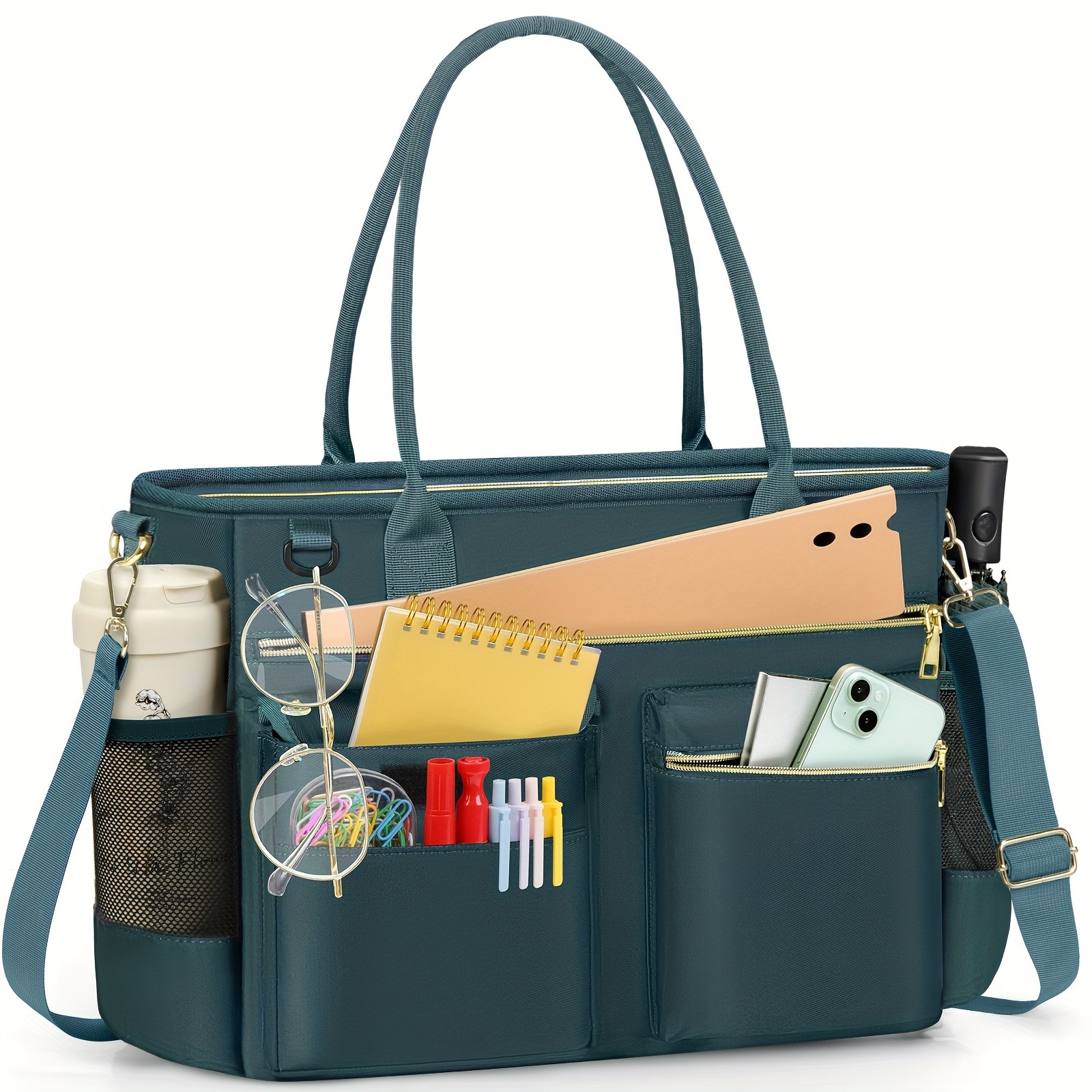 KTMOUW Laptop Bag for Women Stylish Dark Green Tote, Adjustable Strap, Zipper Closure, Ideal for Teachers & Professionals