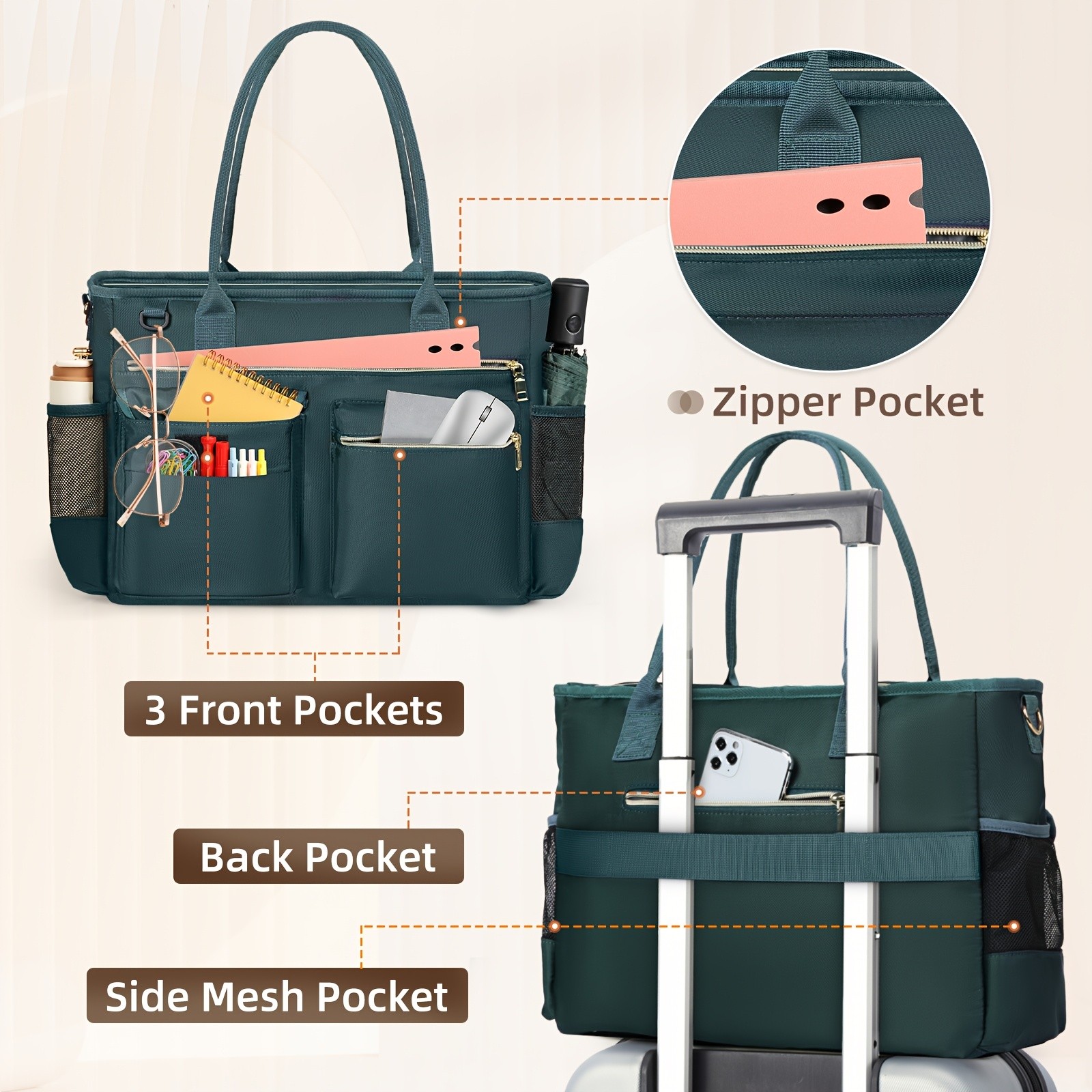 KTMOUW Laptop Bag for Women Stylish Dark Green Tote, Adjustable Strap, Zipper Closure, Ideal for Teachers & Professionals