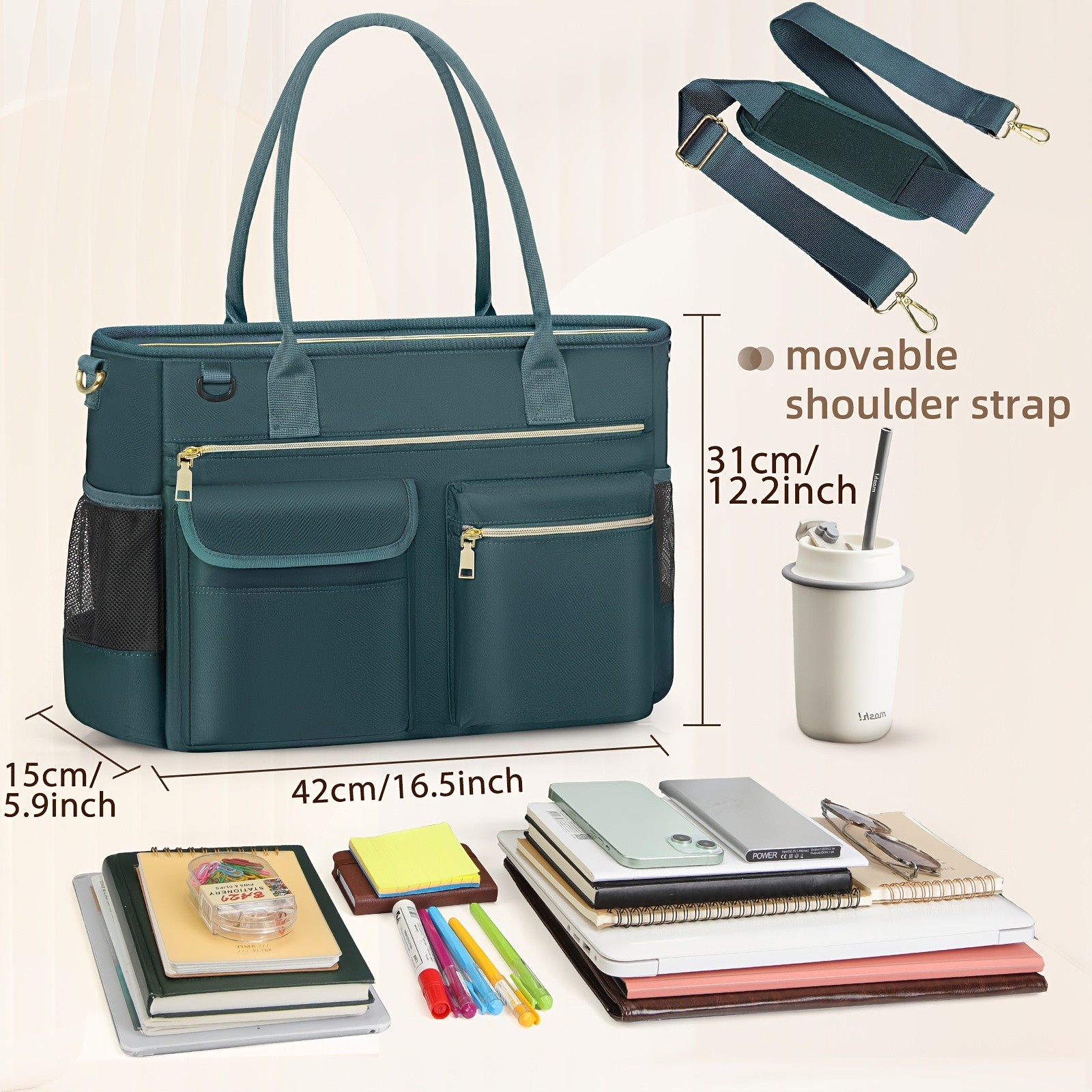 KTMOUW Laptop Bag for Women Stylish Dark Green Tote, Adjustable Strap, Zipper Closure, Ideal for Teachers & Professionals
