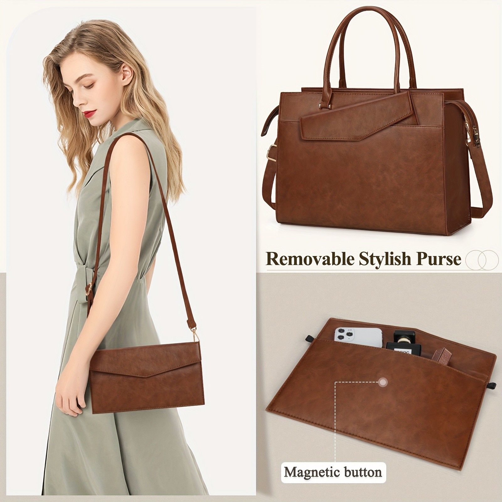 KTMOUW Laptop Bag for Women  39.62 cm PU Leather Tote Bag 2pcs Set  Professional Work Bag with Clutch Purse, Large Office Computer Bag, Teacher Bag