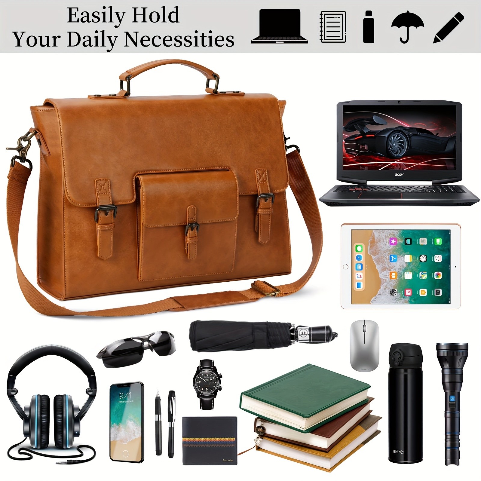 KTMOUW Mens Retro Brown Faux Leather Laptop Backpack 39.62cm Laptop Bag, Adjustable Strap, Durable Zippers, Office & Travel Bag
