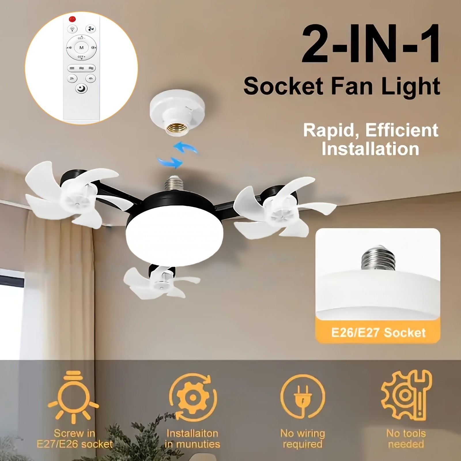 XBATE 50.04cm/44.96cm E27 Drone Ceiling Fan with Light & Remote Control