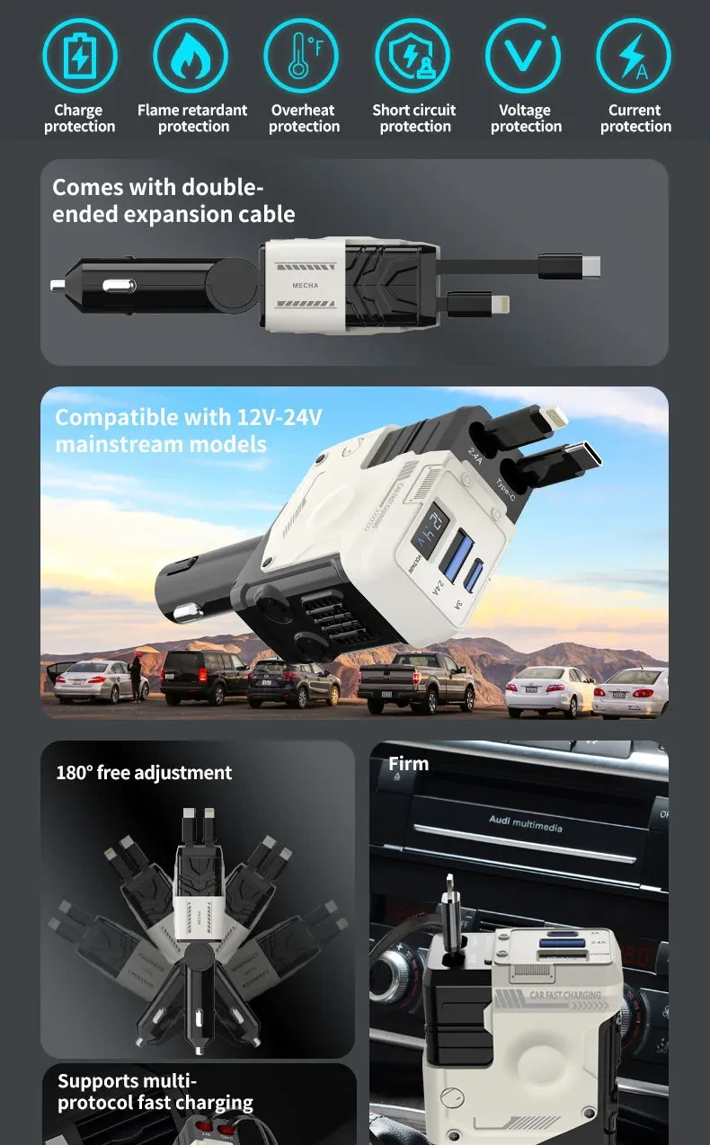 Car Charger Fast Charging And Retractable Four-in-one Cigarette Lighter