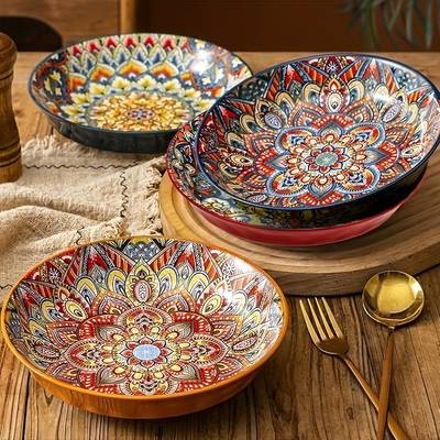 3pcs Ceramic Salad Plate Set  Elegant Bohemian Style Plates for Every Occasion