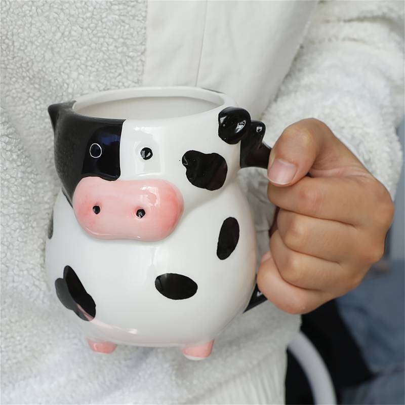 1pc Handmade Cow-Shaped Ceramic Mug with Black & White Cow & Pink Ears  A Fun and Functional Gift for Animal Lovers