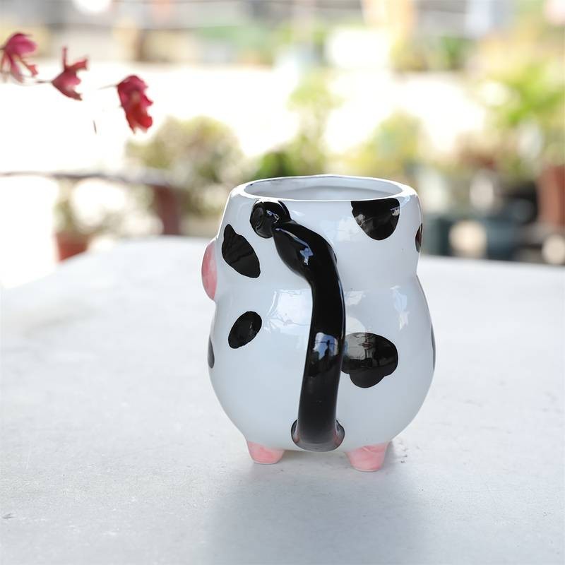 1pc Handmade Cow-Shaped Ceramic Mug with Black & White Cow & Pink Ears  A Fun and Functional Gift for Animal Lovers