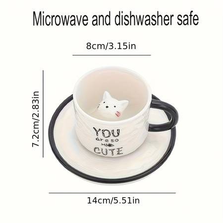 1pc 200ml/6.7oz Japanese Lovely Ceramic Hidden 3D Cat Inside Cup and Saucer  A Whimsical and Practical Gift for Cat Lovers