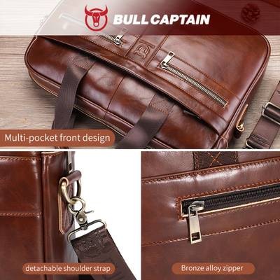 BULLCAPTAIN Mens Genuine Leather Tote Bag Large Capacity, Multi-Functional Briefcase for Business & Travel