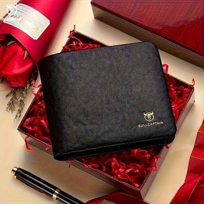 BULLCAPTAIN Custom Mens Genuine Leather Wallet  Luxury Business Style with Golden-Tone Hardware and Large Capacity
