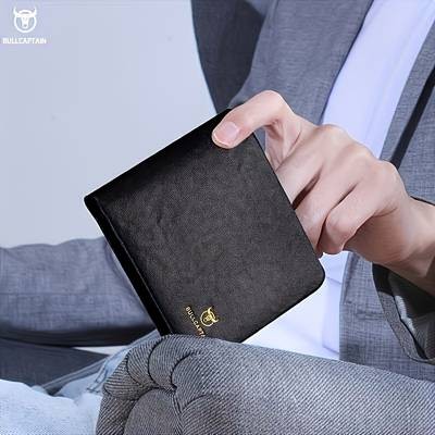 BULLCAPTAIN Custom Mens Genuine Leather Wallet  Luxury Business Style with Golden-Tone Hardware and Large Capacity
