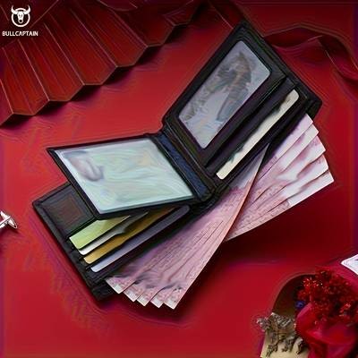 Customizable Mens Genuine Leather Wallet  Elegant Business Style with Golden Embossed Logo, Large Capacity for Cards & Cash