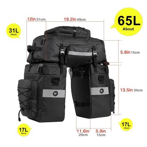 Rhinowalk 65L Large Capacity 3-in-1 Bicycle Pannier Bag  Adjustable Straps, Multiple Compartments, and Side Pouch for Bikepacking & Commuting