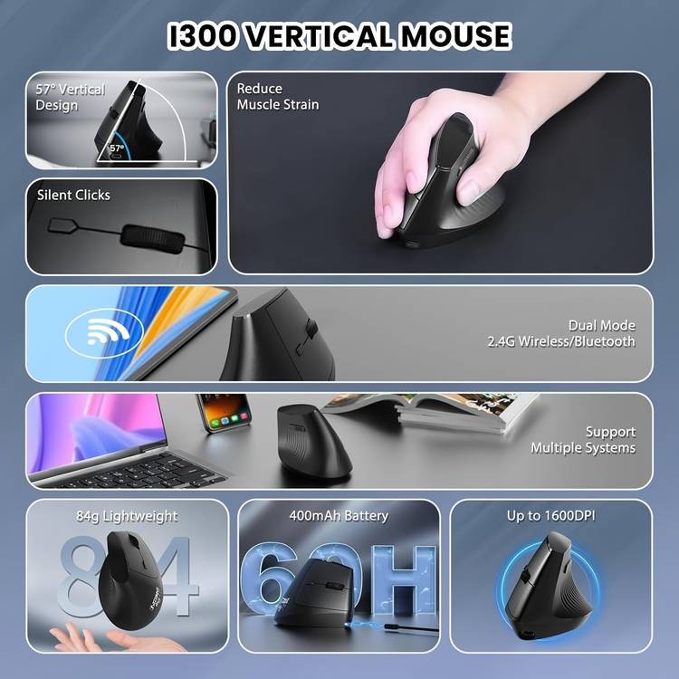 AJAZZ I300 Vertical Optical Mouse  Dual Wireless, Ergonomic, and Rechargeable
