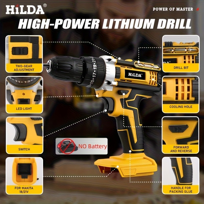 HILDA Cordless Electric Drill Compatible with Makita 18V/21V