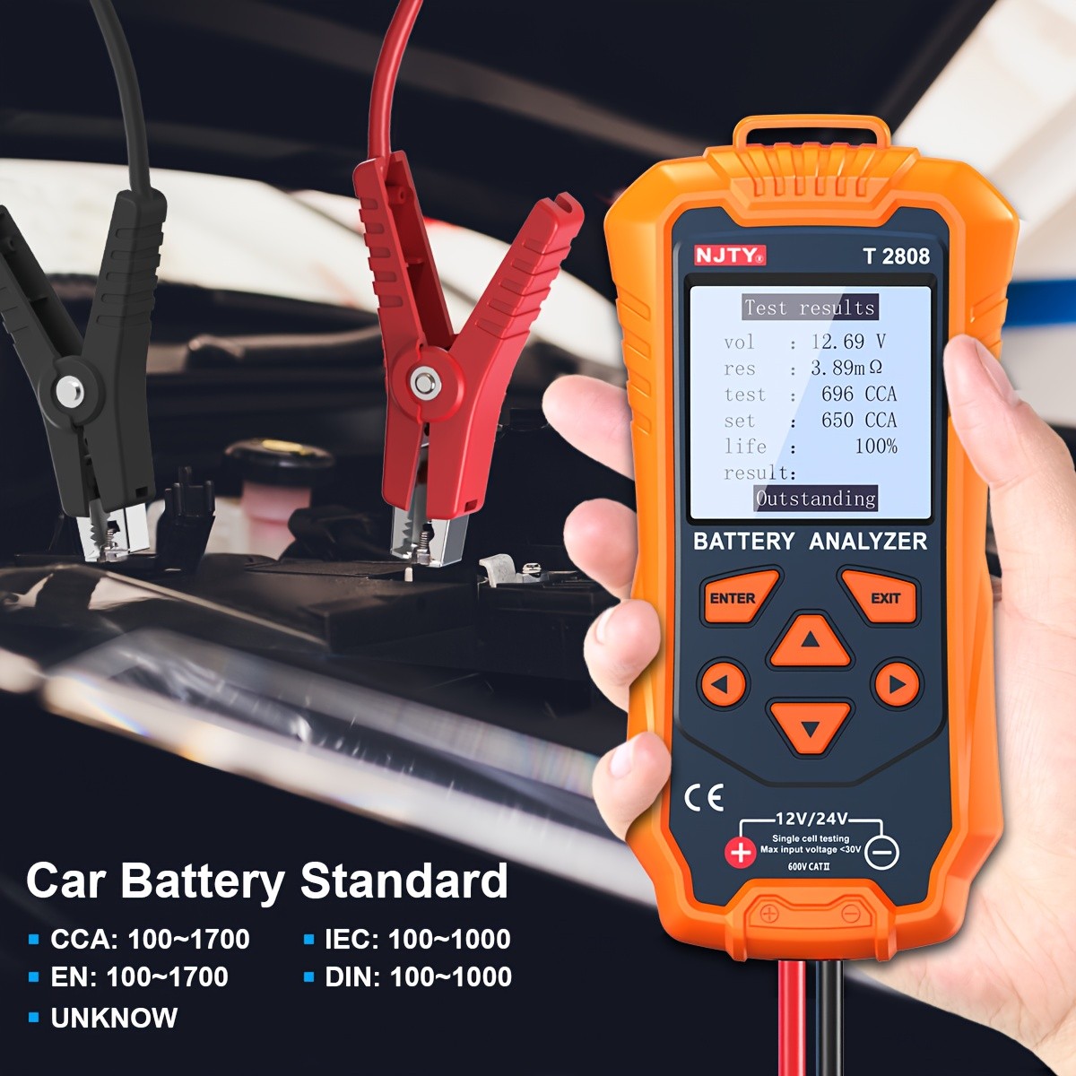 NJTY T2808 Portable 12V/24V Car Battery Tester with Load & Digital Analysis