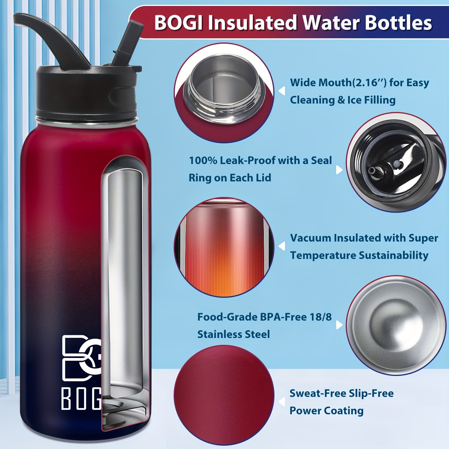 BOGI 32oz Insulated Stainless Steel Water Bottle with Straw & 3 Lids
