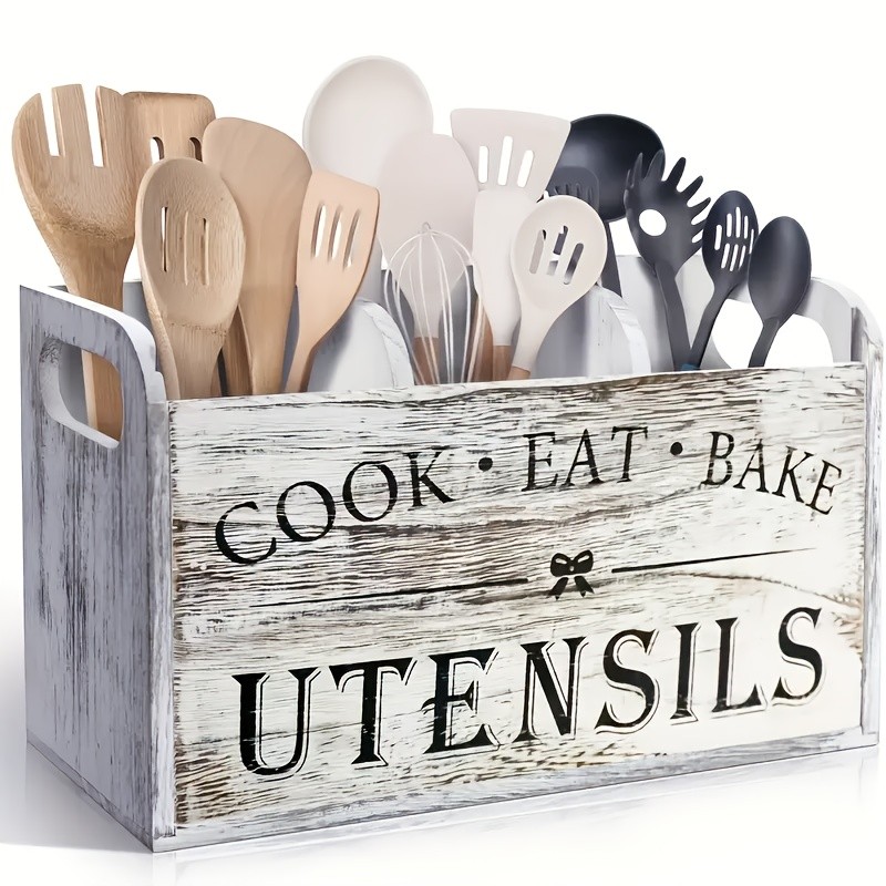 Large Rustic Wooden Kitchen Utensil Organizer