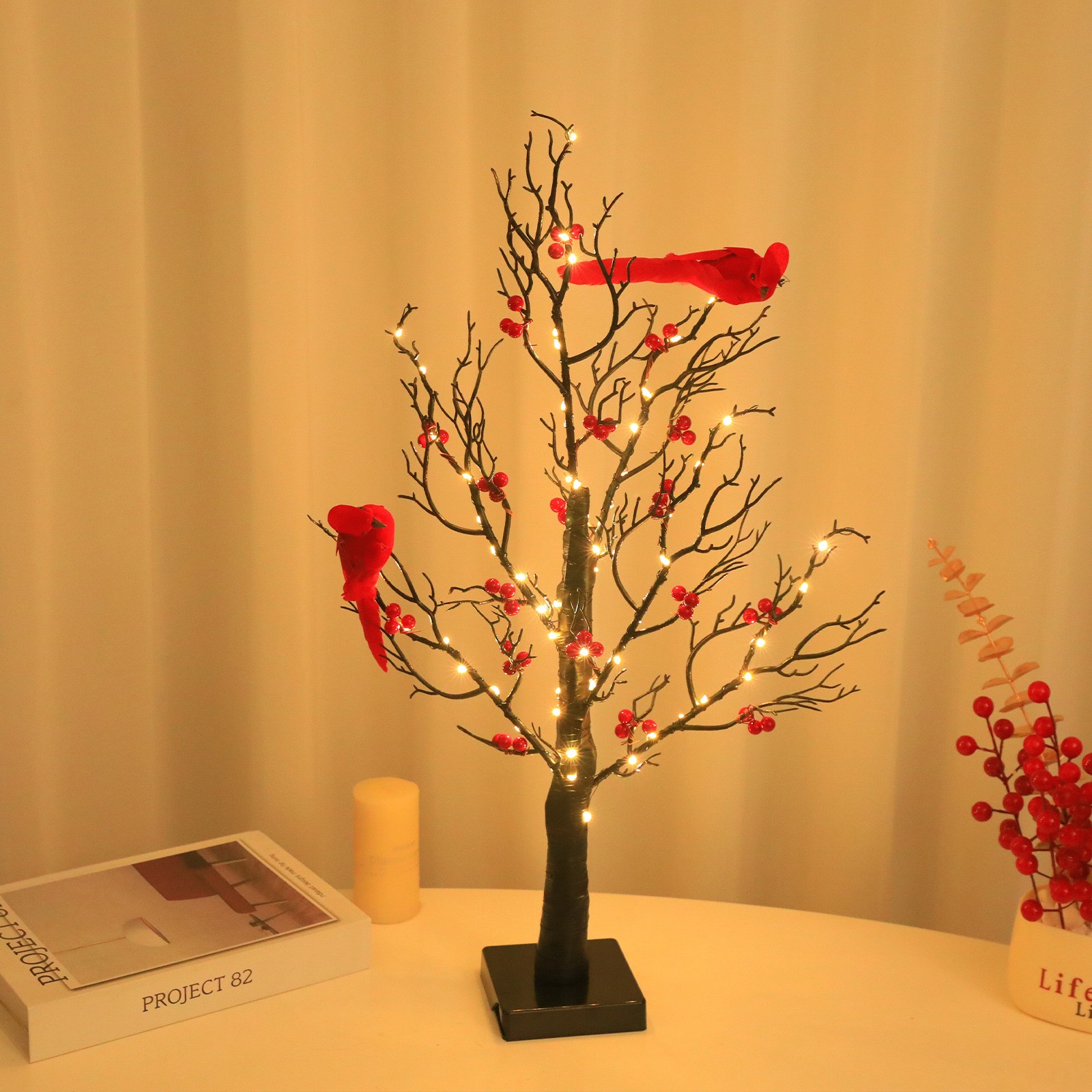 Lighted Mini Birch Tree Light with LED Cardinals