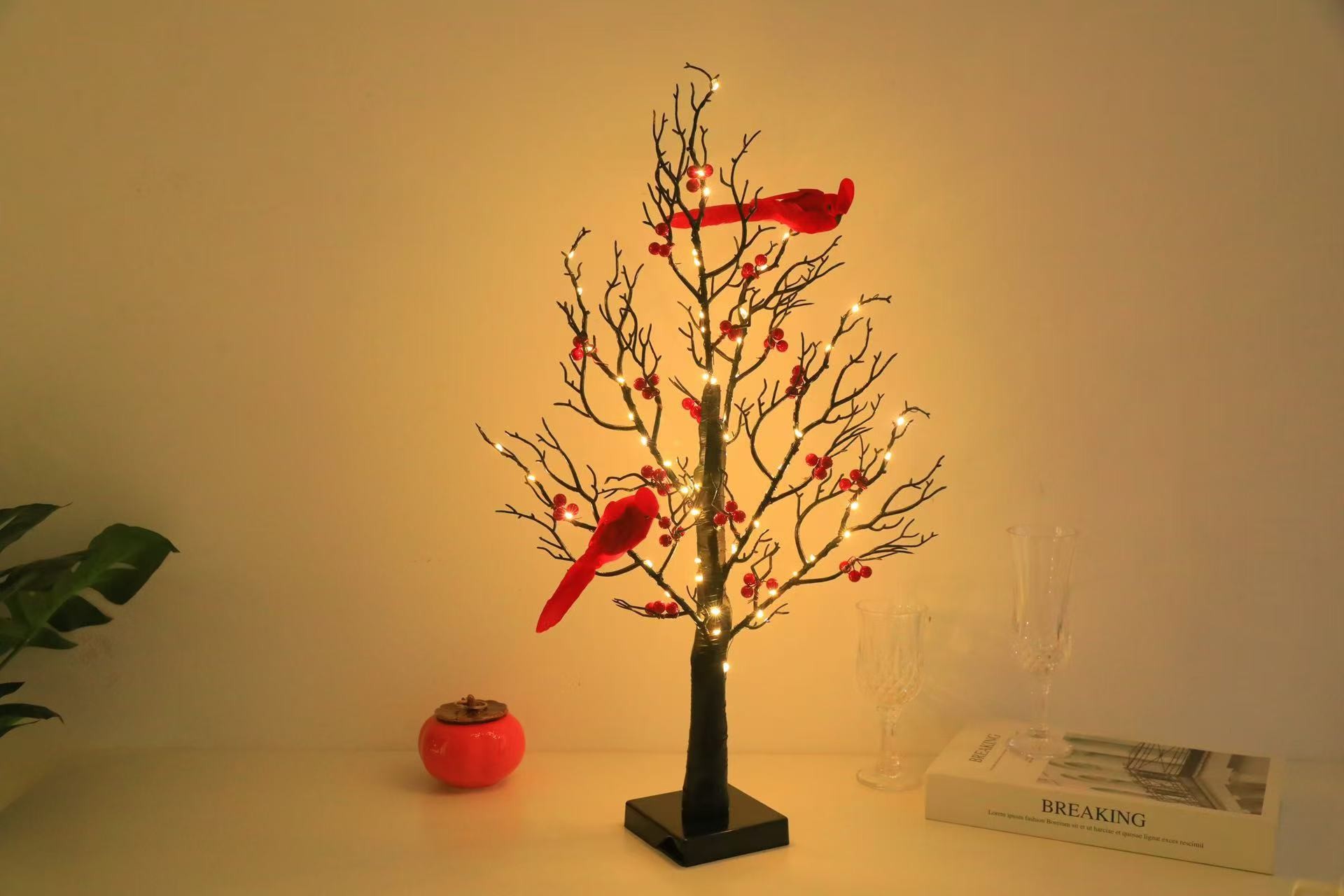 Lighted Mini Birch Tree Light with LED Cardinals