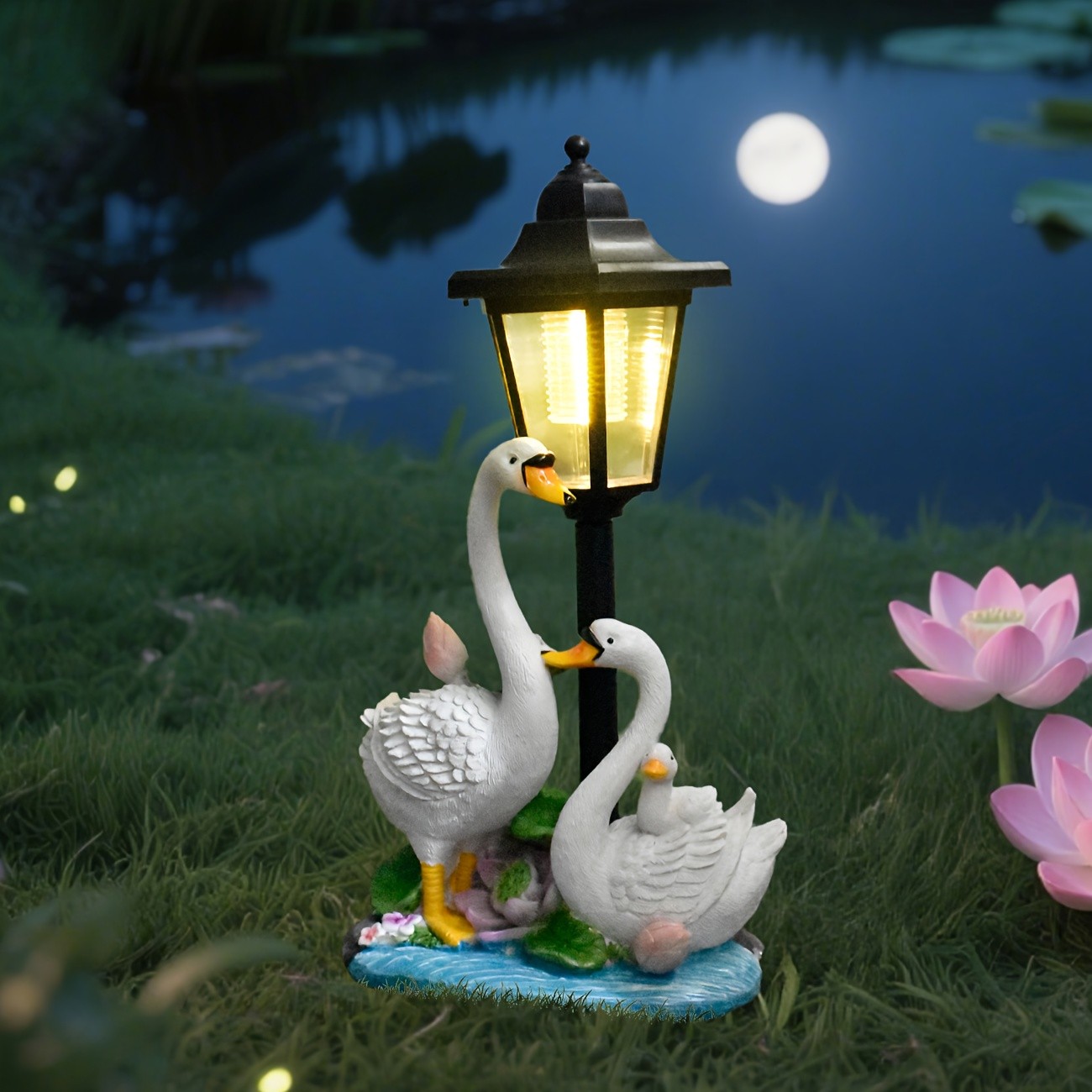 OTDECOR Solar-Powered LED Swan Family Outdoor Statue