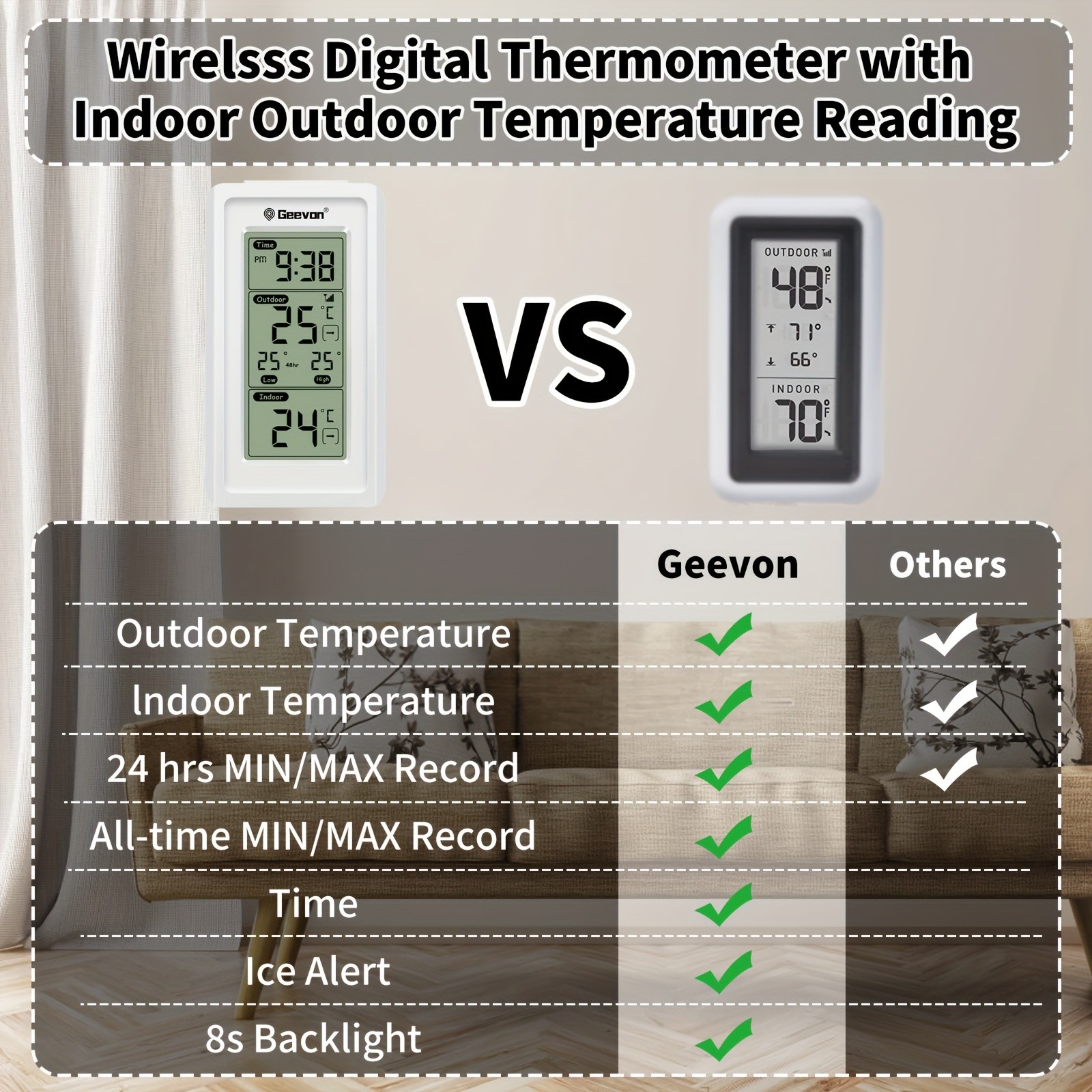 GEEVON Indoor and Outdoor Temperature Meter Wireless Digital Temperature Monitor