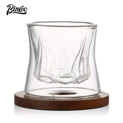 Bincoo Swivel Crystal Glass Coffee Mugs with Wooden Coasters  Elegant Whiskey and Coffee Mugs Set