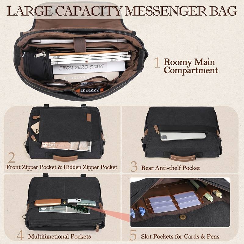 RAINSMORE Messenger Bag for Men  Vintage Canvas Laptop Briefcase for Work and Travel