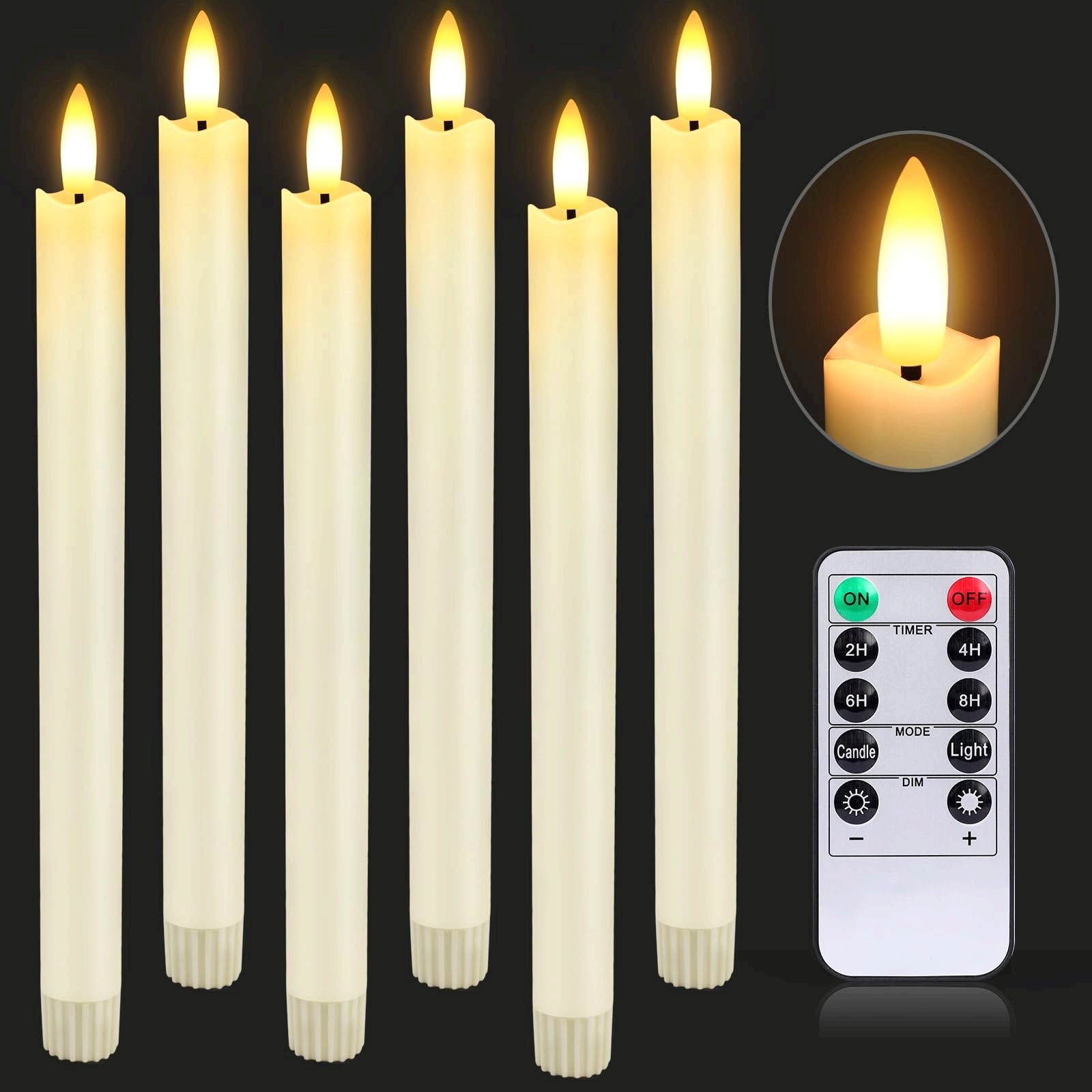 6pcs Flameless LED Cone Candles with Remote Control & 9.6-Inch Timer
