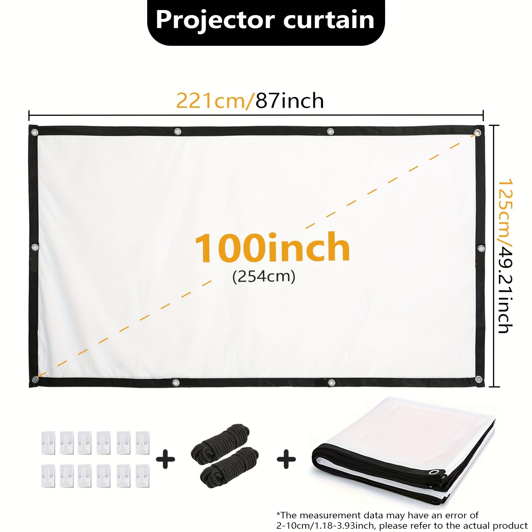 TUOGTCI 100-Inch 4K Ultra HD Portable Projector Screen with Hooks & Ropes
