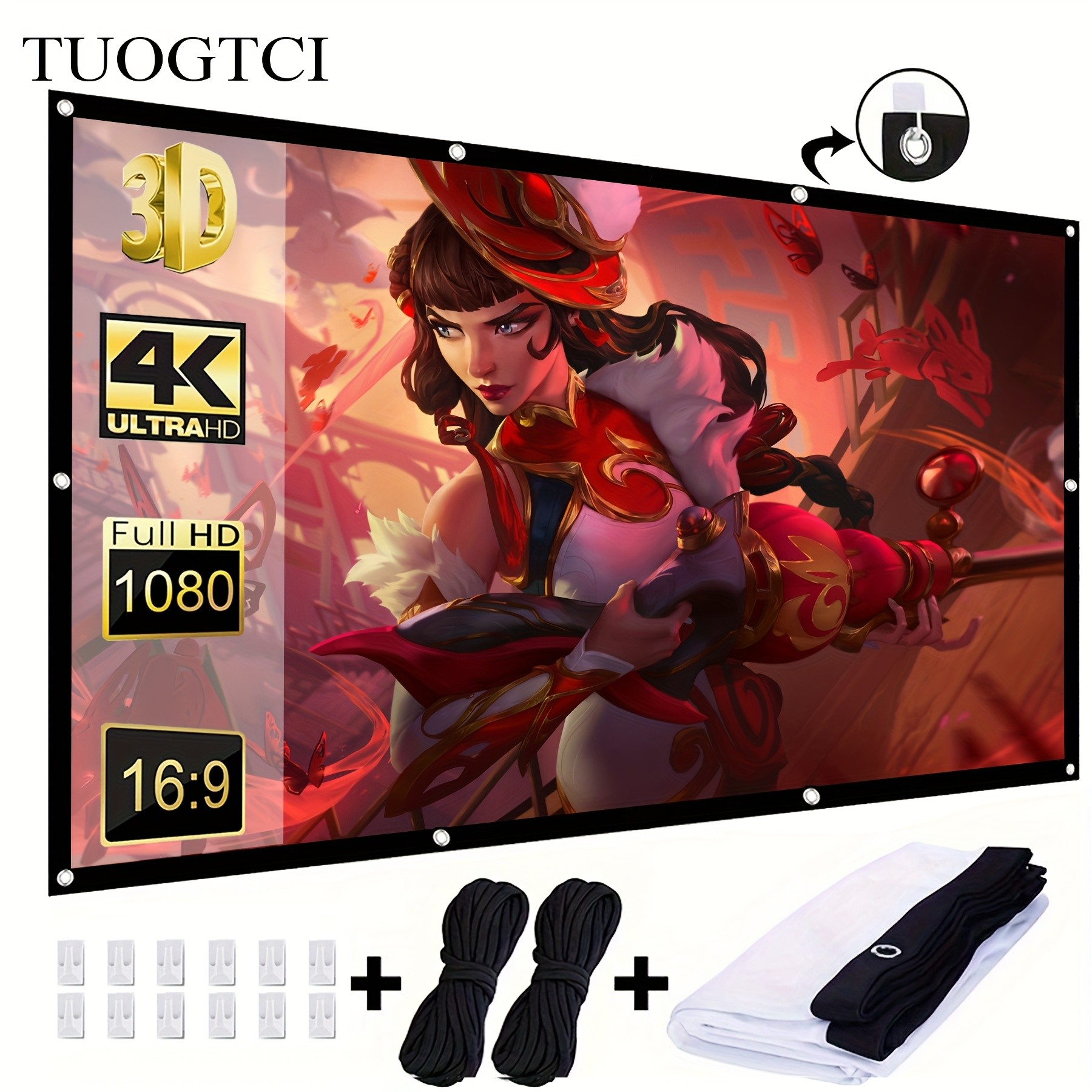 TUOGTCI 100-Inch 4K Ultra HD Portable Projector Screen with Hooks & Ropes