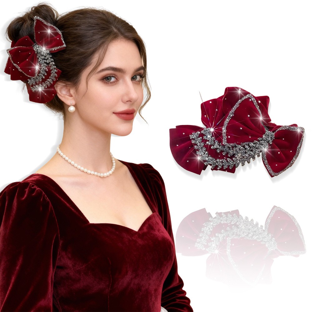 1pc AYLHFO Large Rhinestone Bow Hair Clip with Red Bow & Sparkling