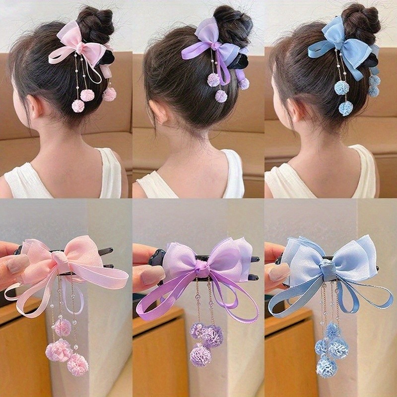 AYLHFO A Single Elegant Organza Bow Tassel Bead Pendant Acrylic Hairpin