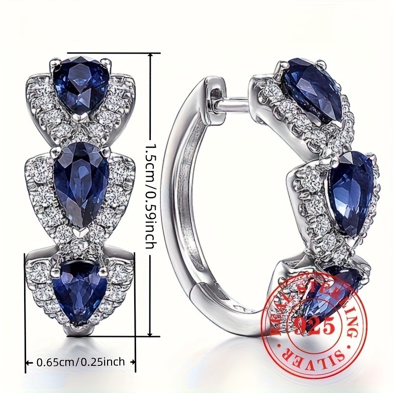 RYYM Elegant 925 Sterling Silver Hoop Earrings with Blue Synthetic Zircon