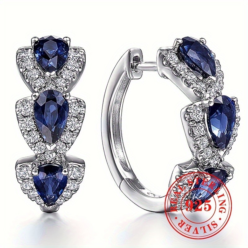 RYYM Elegant 925 Sterling Silver Hoop Earrings with Blue Synthetic Zircon