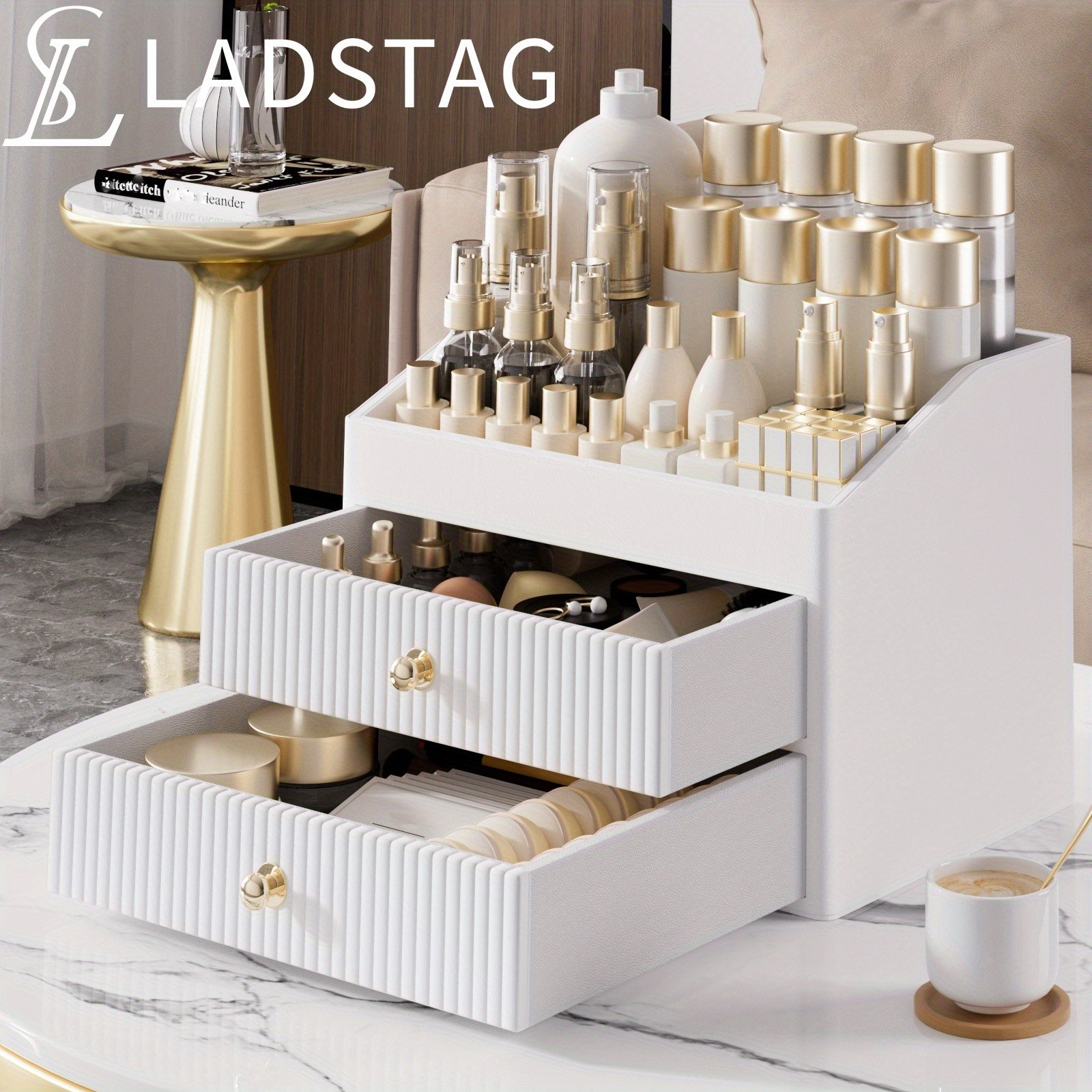 LADSTAG Luxury & Golden Dual Drawer Makeup Organizer with Tiered Tray
