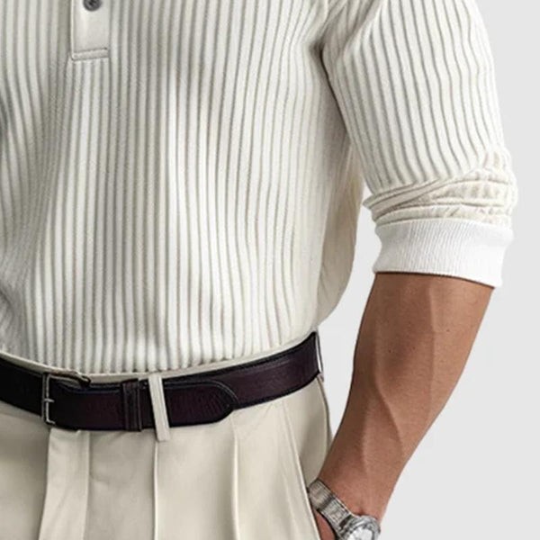 Men's Long Sleeve Polo Shirt - Stylish Solid Striped Lapel Design