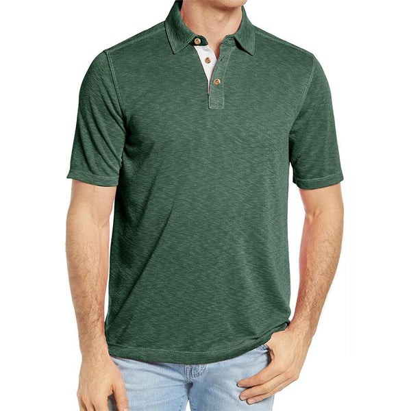 Men's Casual Cotton Polo Shirt with Contrast Lapel - Short Sleeve