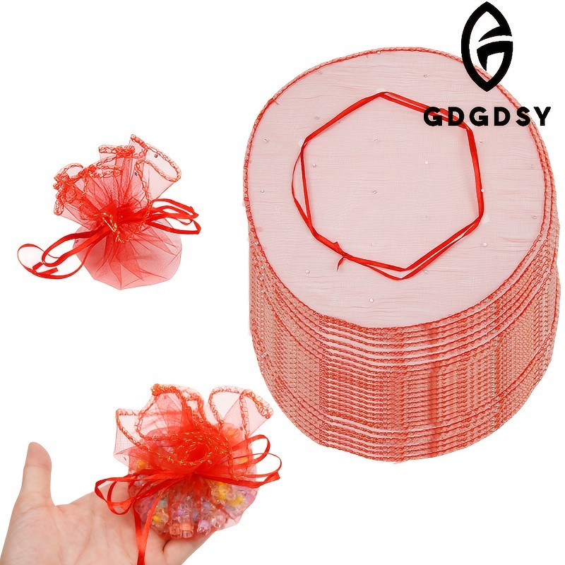 100pcs Red Sequin Organza Drawstring Bags