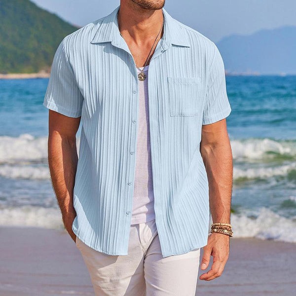 Men's Casual Cotton Linen Shirt with Pleated Lapel - Short-Sleeved, Loose Fit - Style