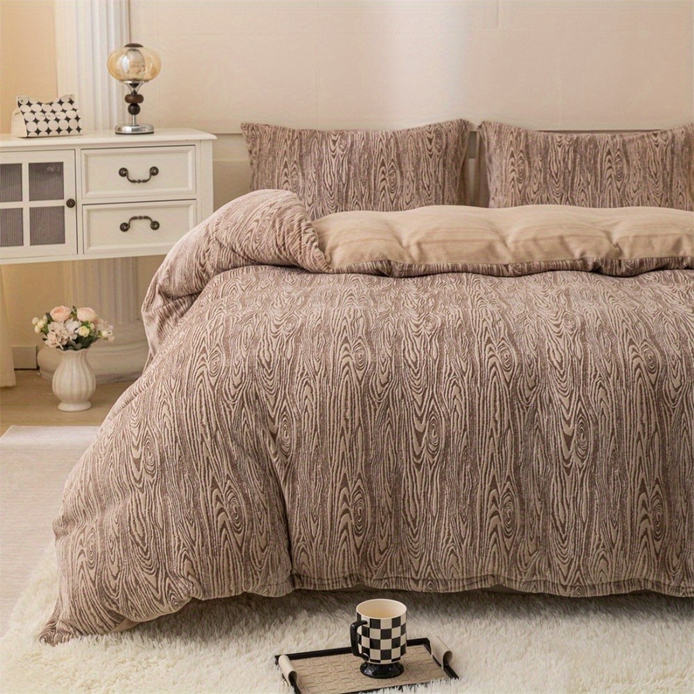 HERTALK Three-Piece Winter Thickened Brown Annual Ring Pattern Short Down Duvet Cover Set