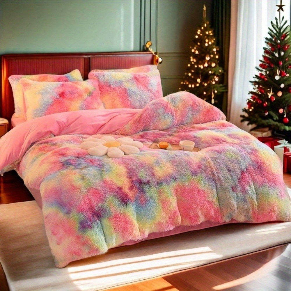 HERTALK 3pcs Y2K Tie-Dye 400TC Luxury Plush Long Fur Donna Duvet Cover Set (1 Duvet Cover + 2 Pillowcases)