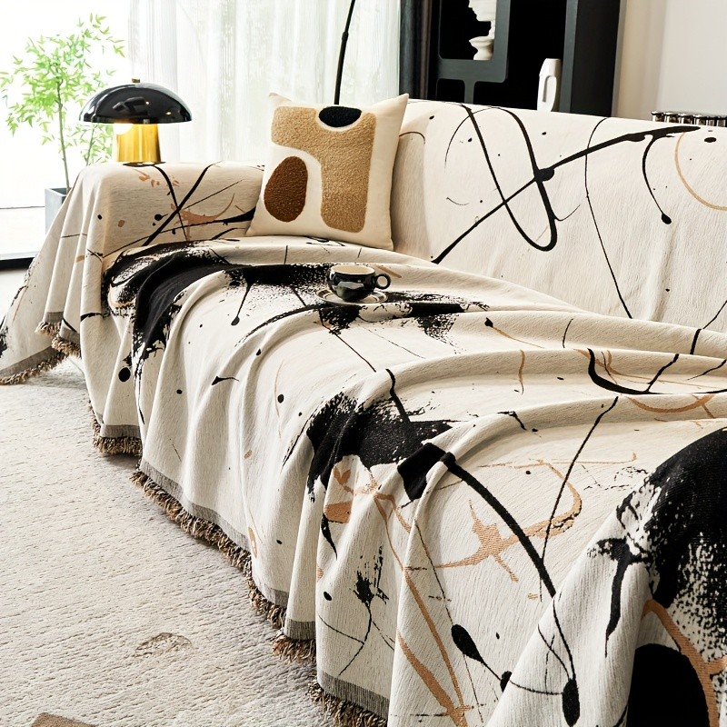 TIANXINBAOBEI Modern Ink Painting Pattern Sofa Cover Towel 100% Polyester, Pet-Friendly, Dustproof Slipcover for Armchairs, Loveseats, 3-Seater, and 4-Seater Sofas