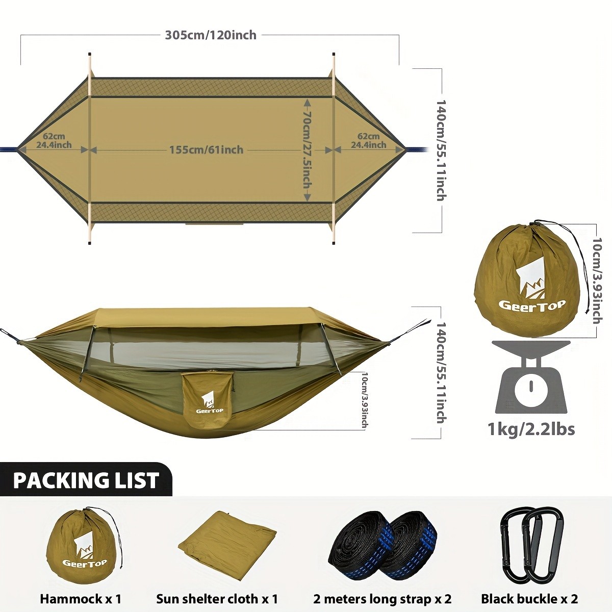 GEERTOP 3in1 Outdoor Hammock with Mosquito Net Sun Shelter