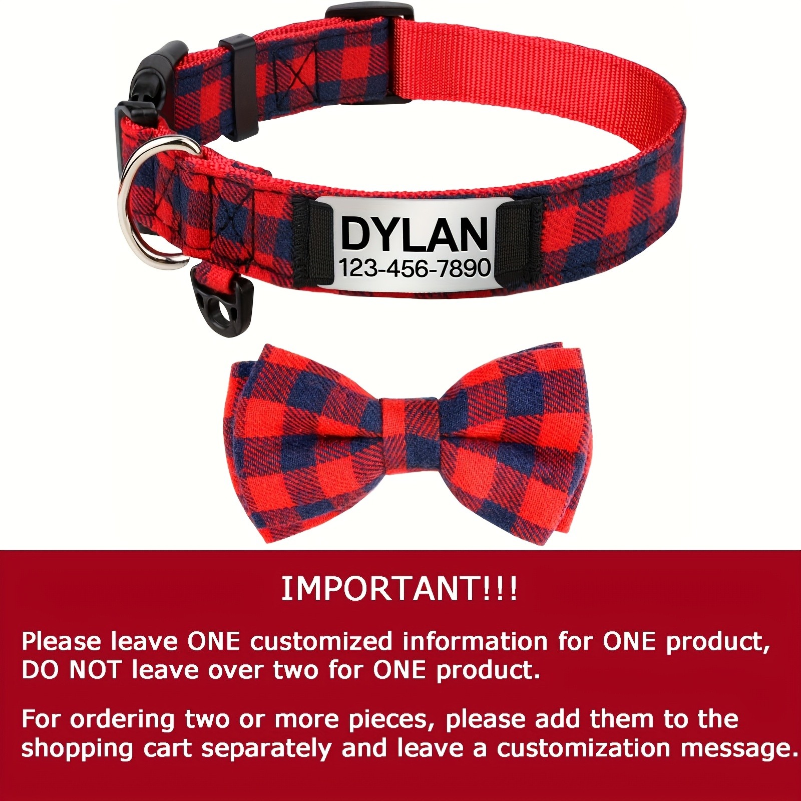 TAGME Personalized Dog Collar Featuring a Plaid Bow Tie