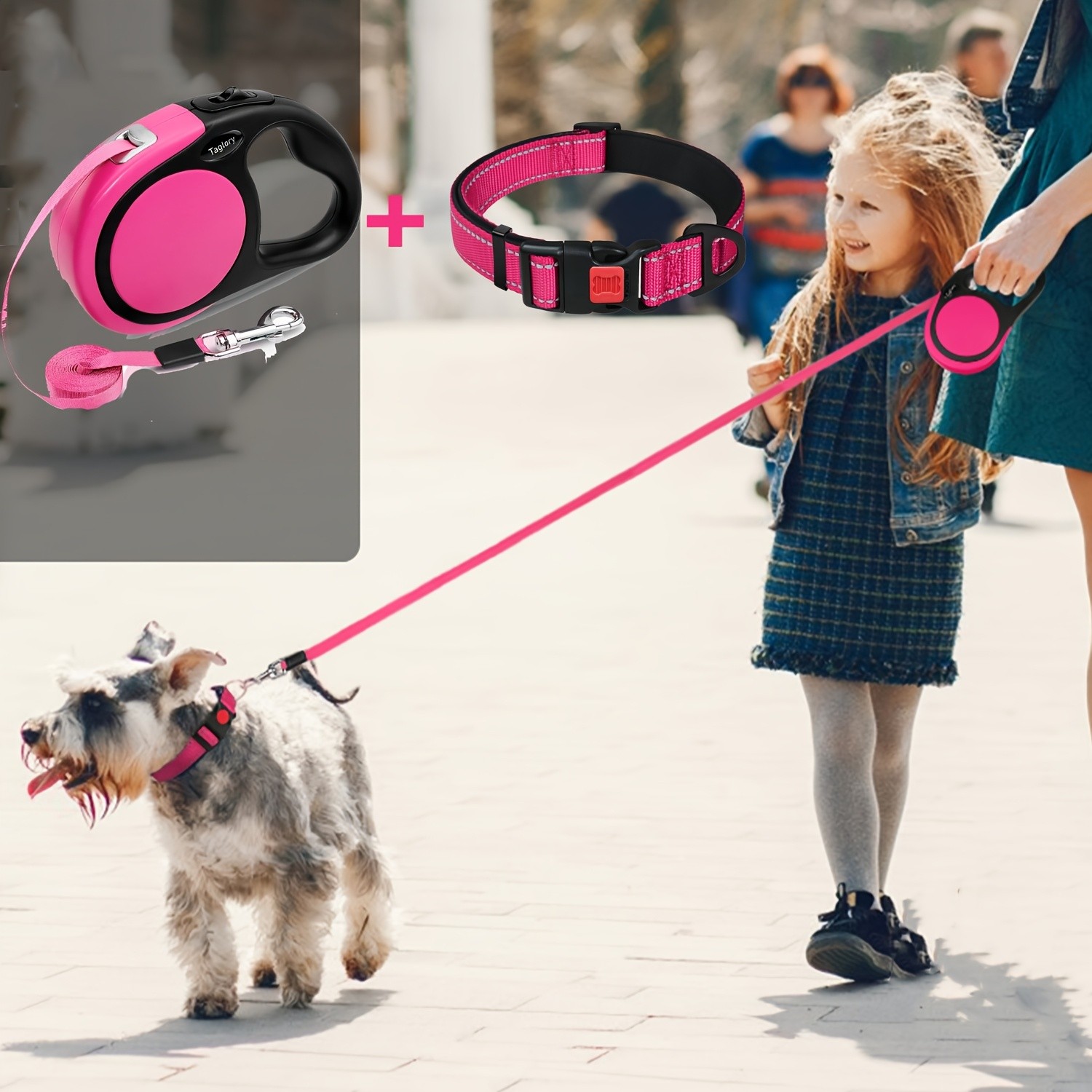 TAGLORY Reflective Dog Collar with Safety Lock + 4.88 Meter Retractable No-Tangle Leash Set