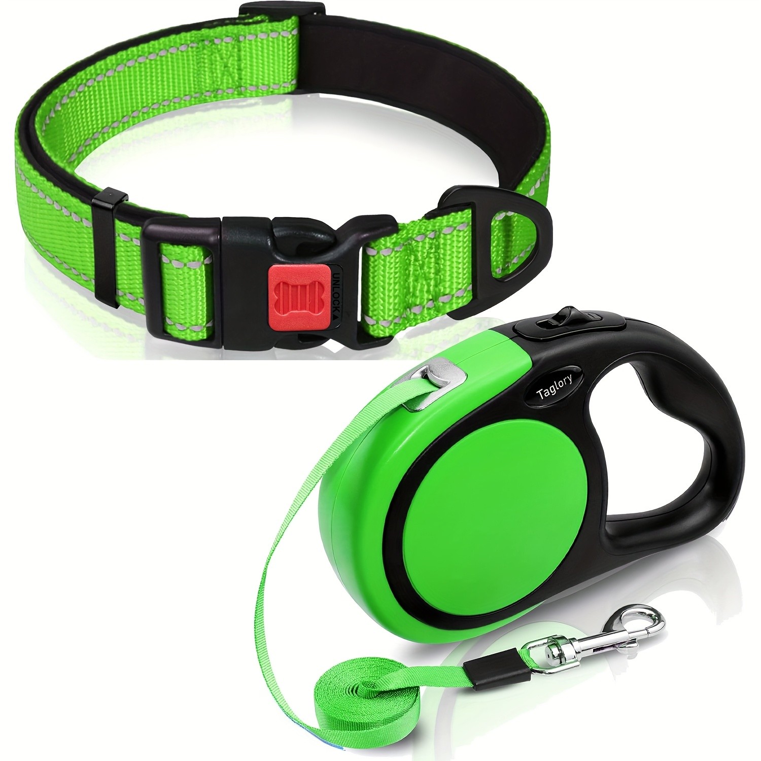 TAGLORY Reflective Dog Collar with Safety Lock + 4.88 Meter Retractable No-Tangle Leash Set