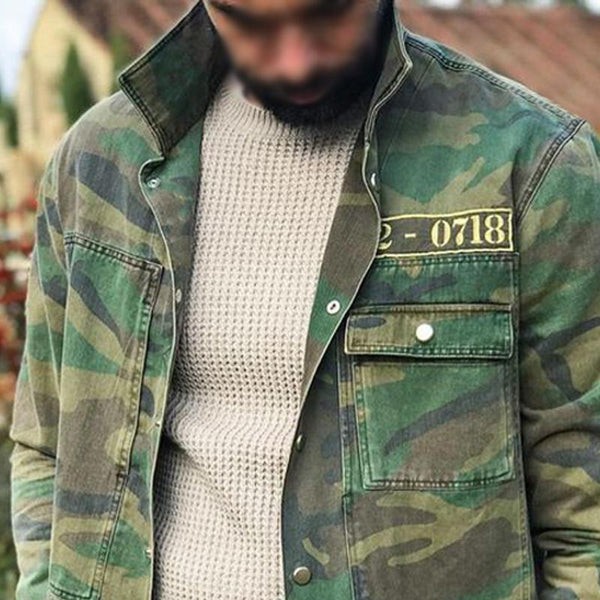 Men's Vintage Camouflage Jacket with Lapel - Multi-Pocket