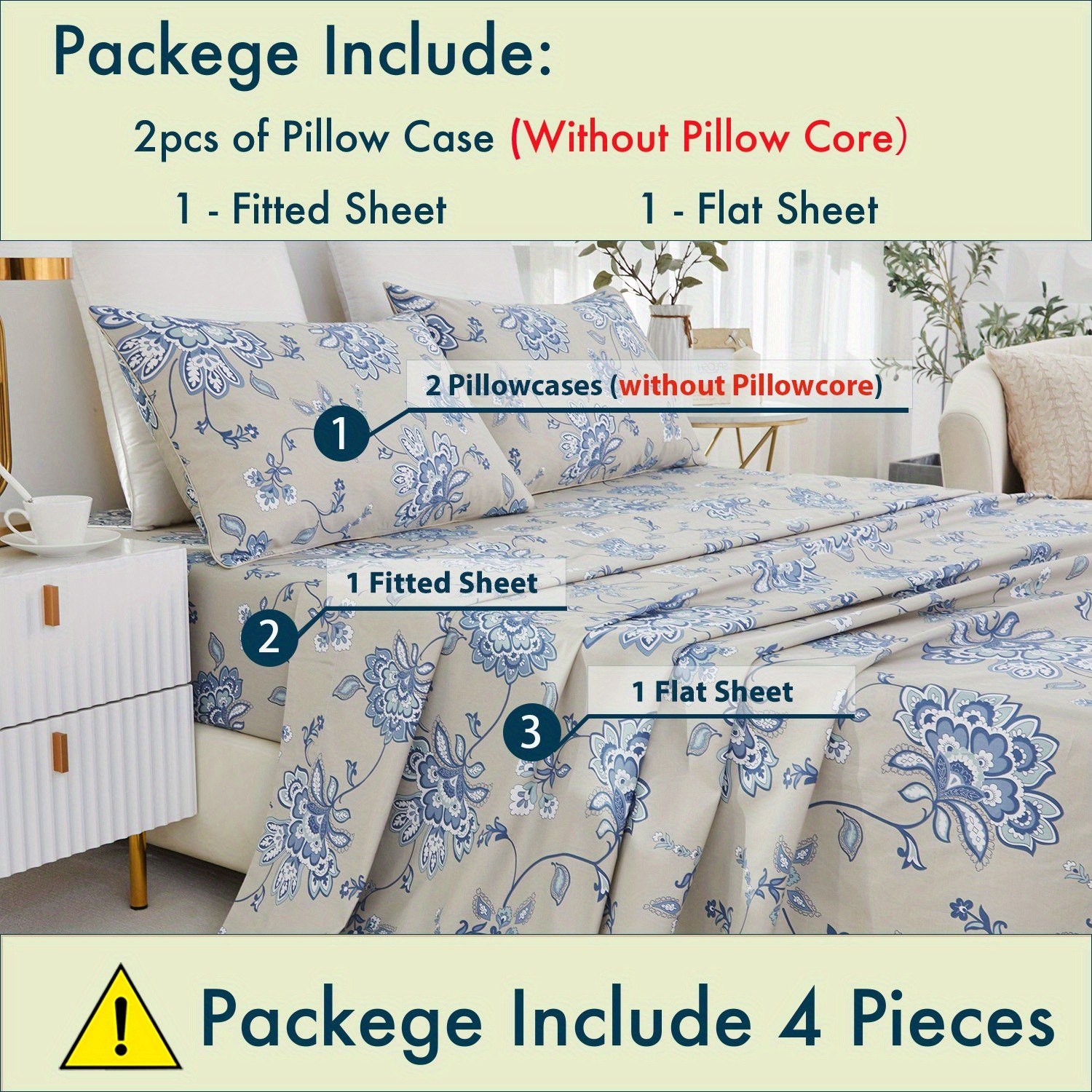 LISSTHER 4pcs 600 Thread Count 100% Egyptian Cotton Fitted Sheet Set