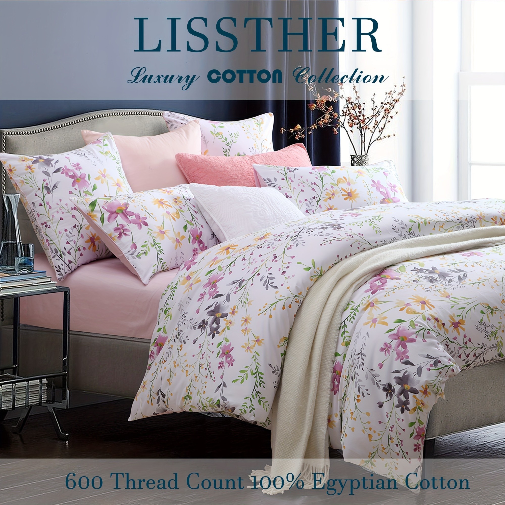 LISSTHER 3pcs 600 Thread Cotton Duvet Cover Set