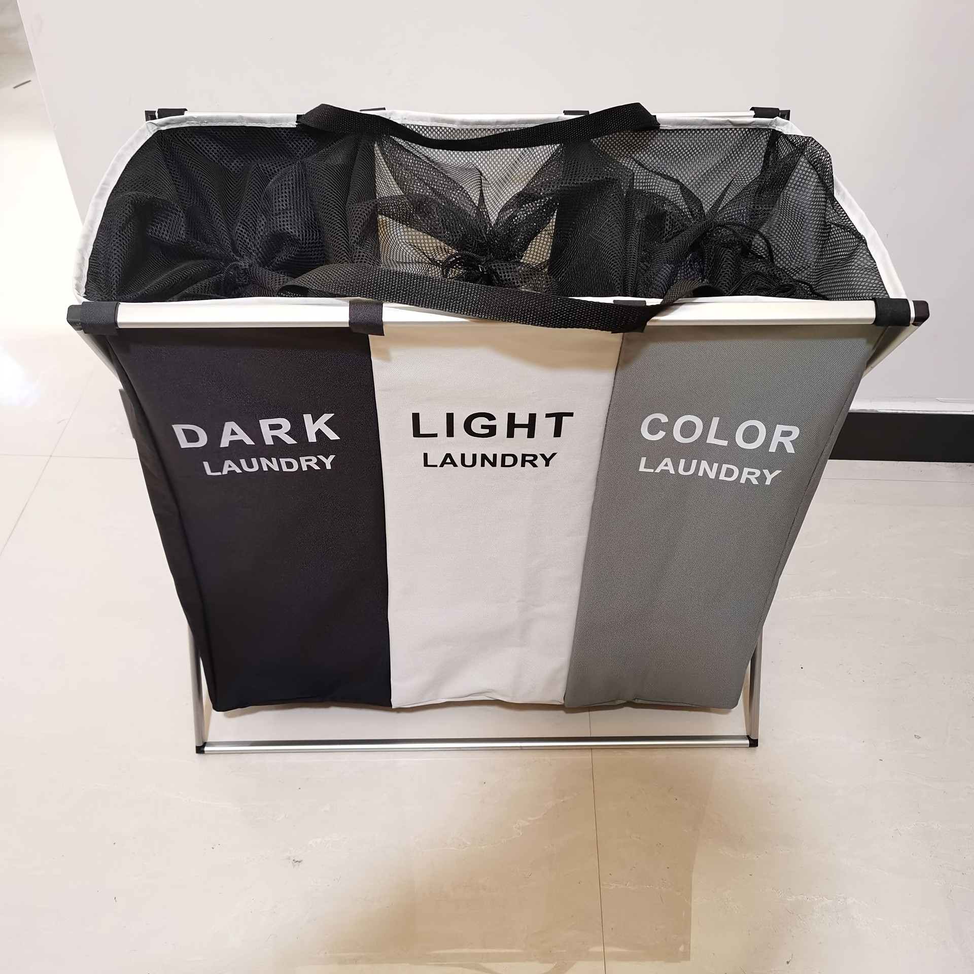 LONGKING 3-Compartment Folding Laundry Basket with Attached Bag